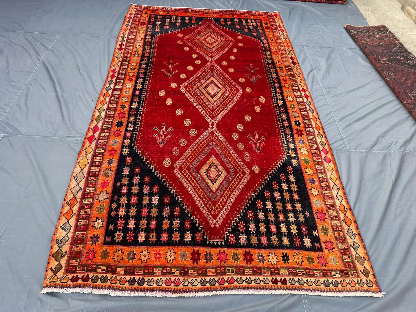 5'4 x 10'2 ft Antique 1940s Turkish Inspired Caucasian Area Rug Red Black Orange Wool Tribal Center Medallion Living Room