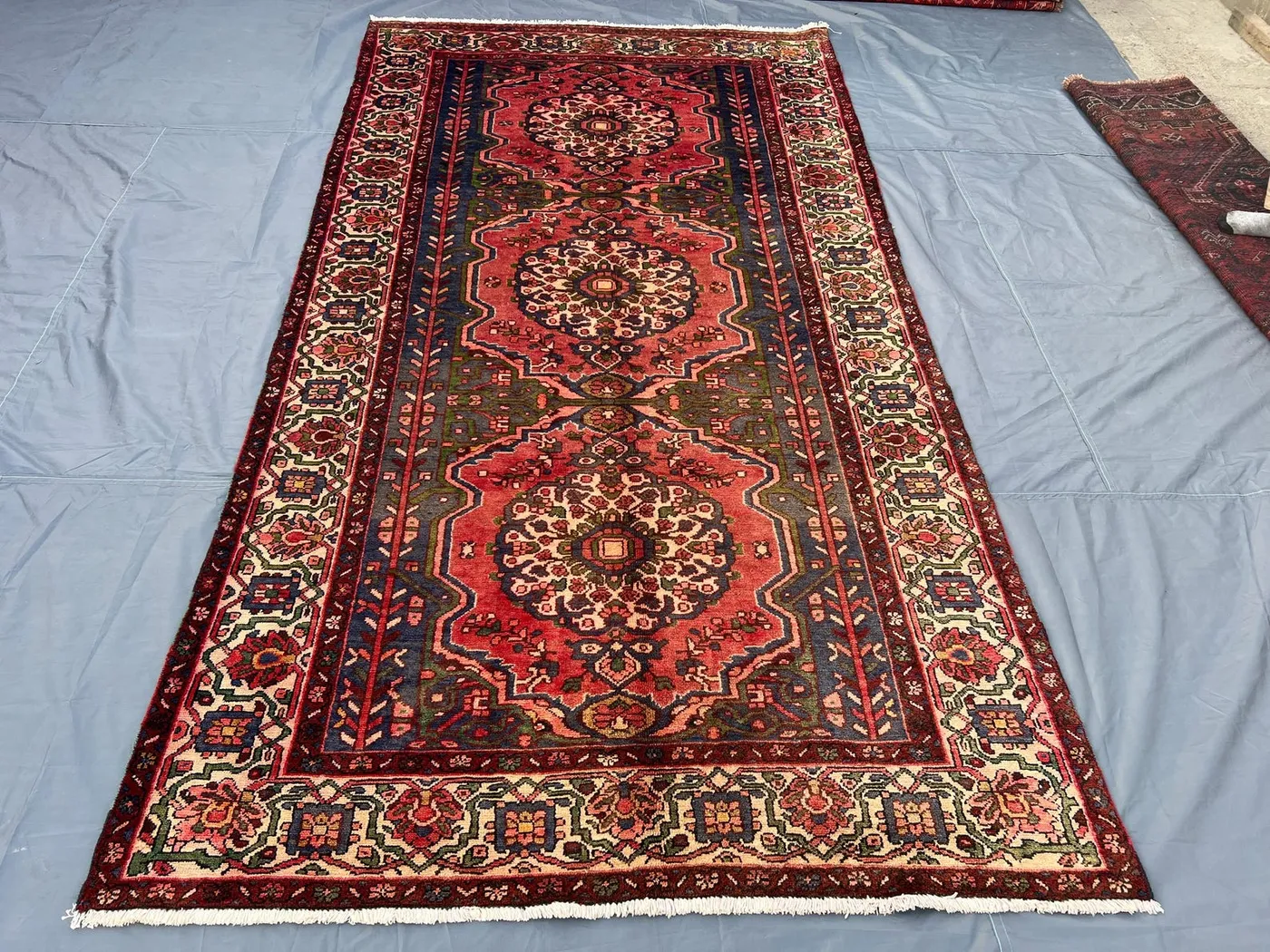 5'2 x 9'11 ft Antique 1940s Turkish Inspired Caucasian Area Rug Red Blue Ivory Wool Tribal Center Medallion Living Room