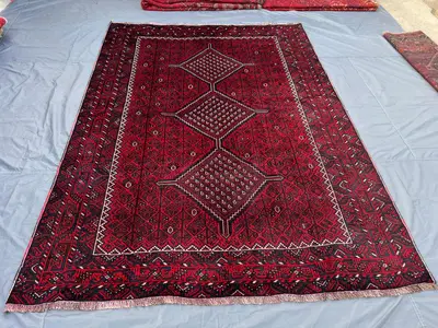 7'1 x 9'11 ft Antique 1910s Turkish Caucasian Large Area Rug Red Burgundy Hand Knotted Wool Tribal Center Meda