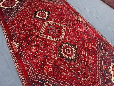 Turkish Inspired Caucasian Rug, 4'8 x 8'8 Ft, Hand-Knotted Wool, Vintage 1950s, Soft Red and Blue, Moroccan De