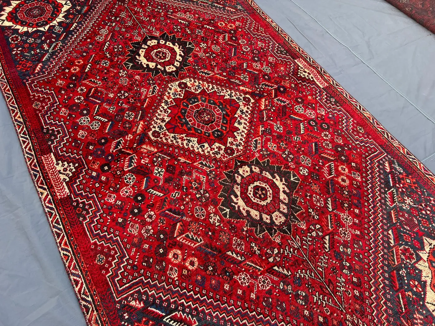 Turkish Inspired Caucasian Rug, 4'8 x 8'8 Ft, Hand-Knotted Wool, Vintage 1950s, Soft Red and Blue, Moroccan Design,One-of-a-Kind