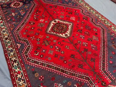 Antique Turkish Medallion Rug 6.5 x 9.2 ft 1920s Rare Hand Knotted Wool Red Blue Large Area Classic Boho Home 