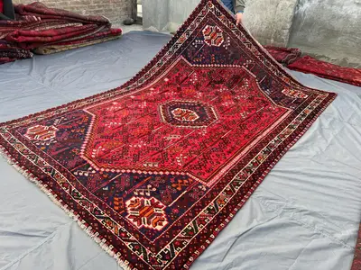 Vintage Turkish Medallion Rug 6 x 9.1 ft Hand Knotted Wool Red Navy Large Area Classic Tribal Boho Home Decor,