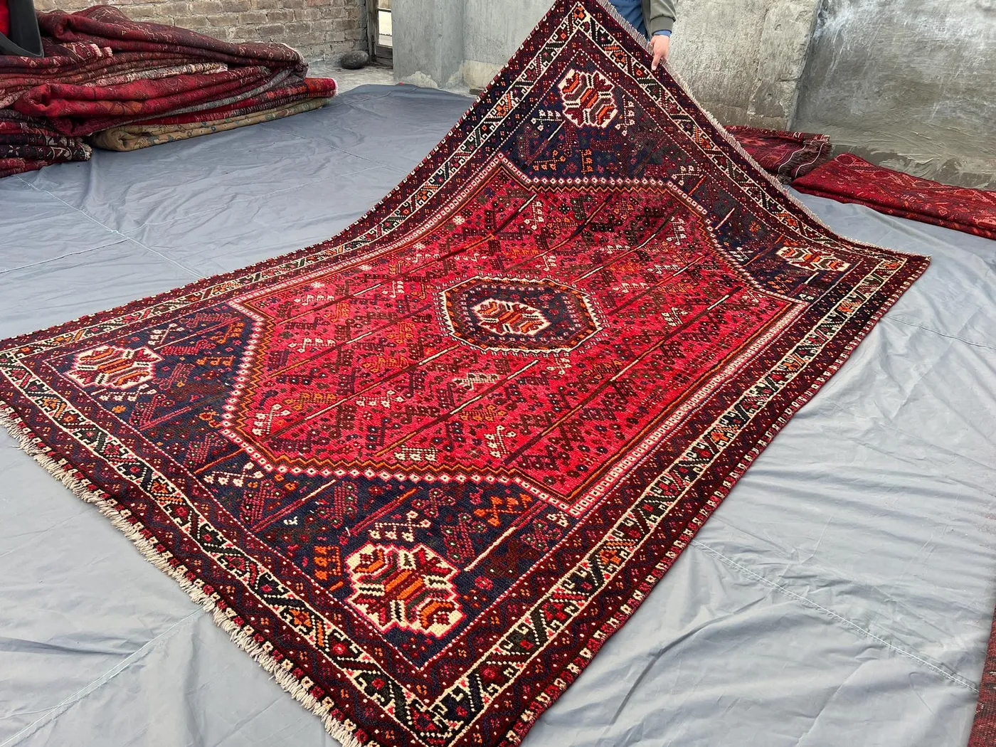Vintage Turkish Medallion Rug 6 x 9.1 ft Hand Knotted Wool Red Navy Large Area Classic Tribal Boho Home Decor, Living Room Rug, Bedroom Rug