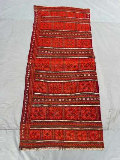 Red 2’8 x 6’3 ft Afghan Hand Woven Kilim Flat Weave Vintage Tribal Runner Rug Geometric Red Wool Hallway Entry