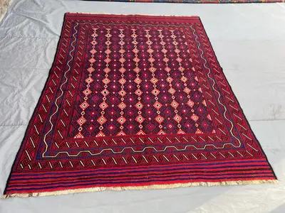 6'10 x 9 Ft Blue Red Vintage Afghan Kilim Flatweave | Tribal Diamond Geometric Area Rug Living Room Bedroom Hi