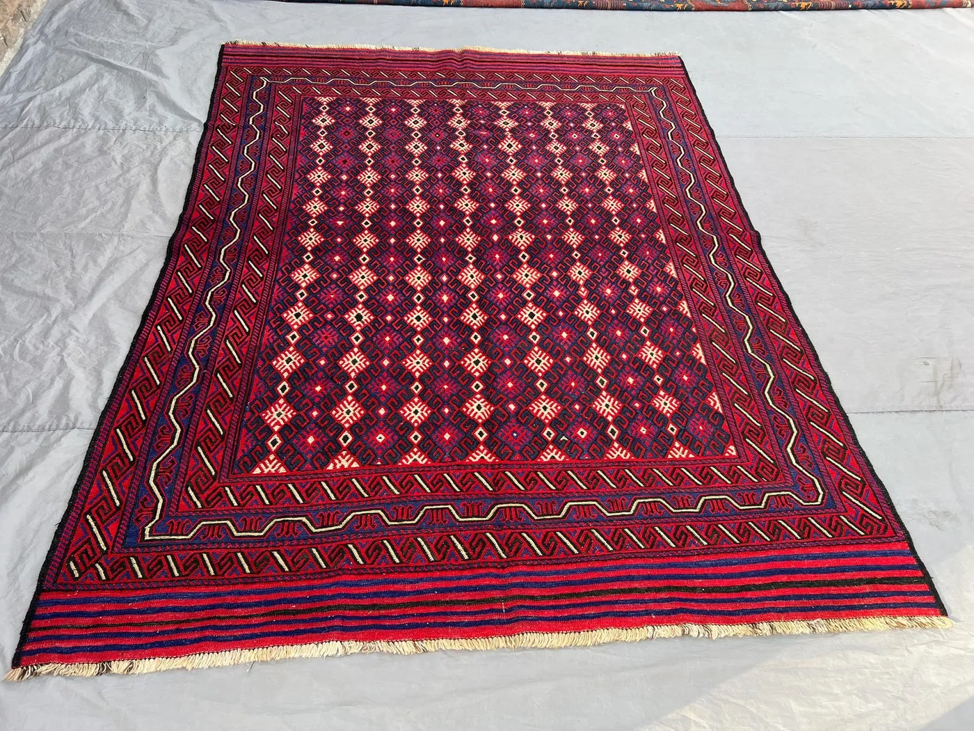 6'10 x 9 Ft Blue Red Vintage Afghan Kilim Flatweave | Tribal Diamond Geometric Area Rug Living Room Bedroom High Quality Home Decor