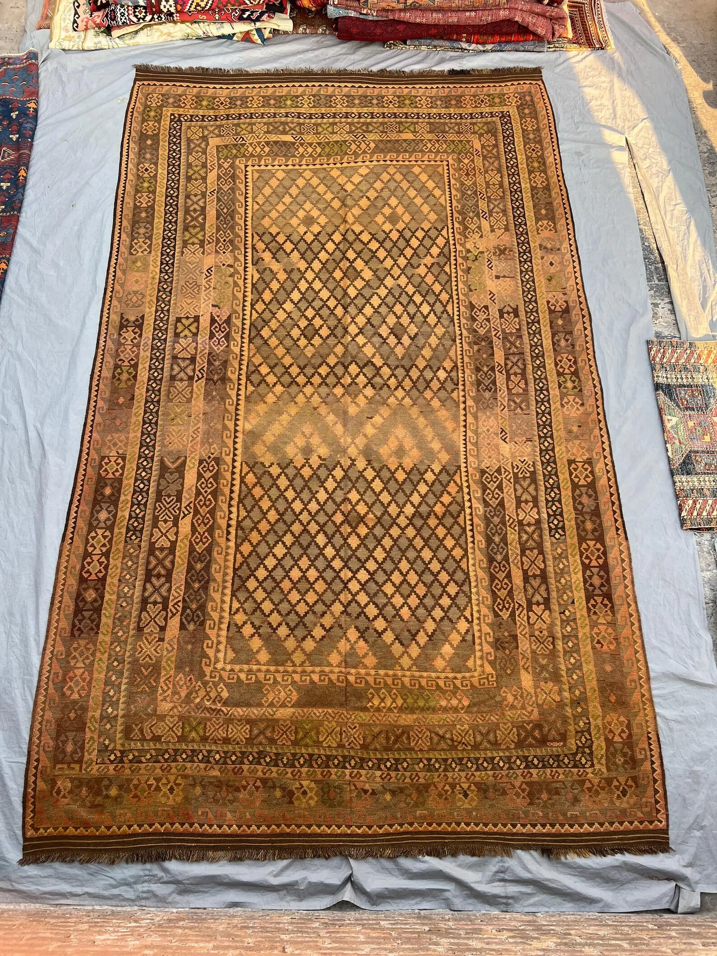 Beige 8'10x14'7 ft Vintage Afghan Kilim Flatweave Wool Rug, Geometric Diamond Design, Tribal Motifs, Large Area Rug for Living Room, Bedroom
