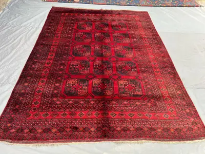 Red 7'11 x 10'2 ft Vintage Afghan Turkmen bokhara Handwoven Rug, Soft Pile, Geometric Design, Tribal Motif, Ar