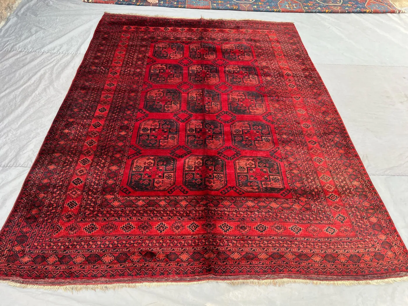 Red 7'11 x 10'2 ft Vintage Afghan Turkmen bokhara Handwoven Rug, Soft Pile, Geometric Design, Tribal Motif, Area Rug, Living Room,