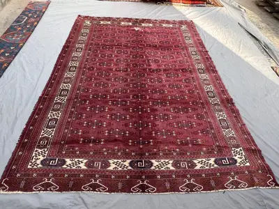 7'4 x 10'6 Turkmen Yomut Design Rug | Vintage Afghan Handwoven Wool | Burgundy Gul Rows & Elem Skirt