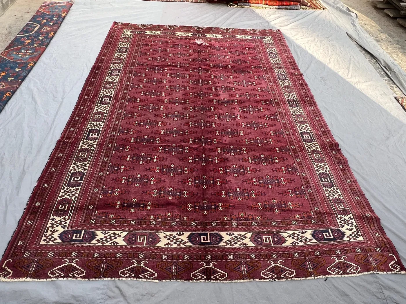 7'4 x 10'6 Turkmen Yomut Design Rug | Vintage Afghan Handwoven Wool | Burgundy Gul Rows & Elem Skirt