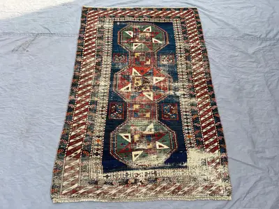 3'6 x 5'2 Antique Afghan Rug | Caucasian Kazak-Style Design | Handwoven Wool Stacked Medallion Runner