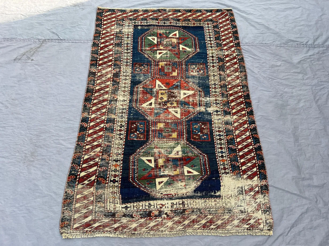 3'6 x 5'2 Antique Afghan Rug | Caucasian Kazak-Style Design | Handwoven Wool Stacked Medallion Runner