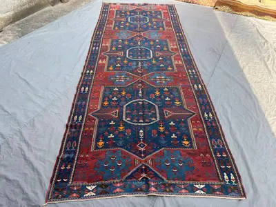 13'3 x 5'1 Caucasian-Design Kilim Runner | Vintage Afghan Handwoven Flatweave | Red Indigo Hooked Medallion Wi
