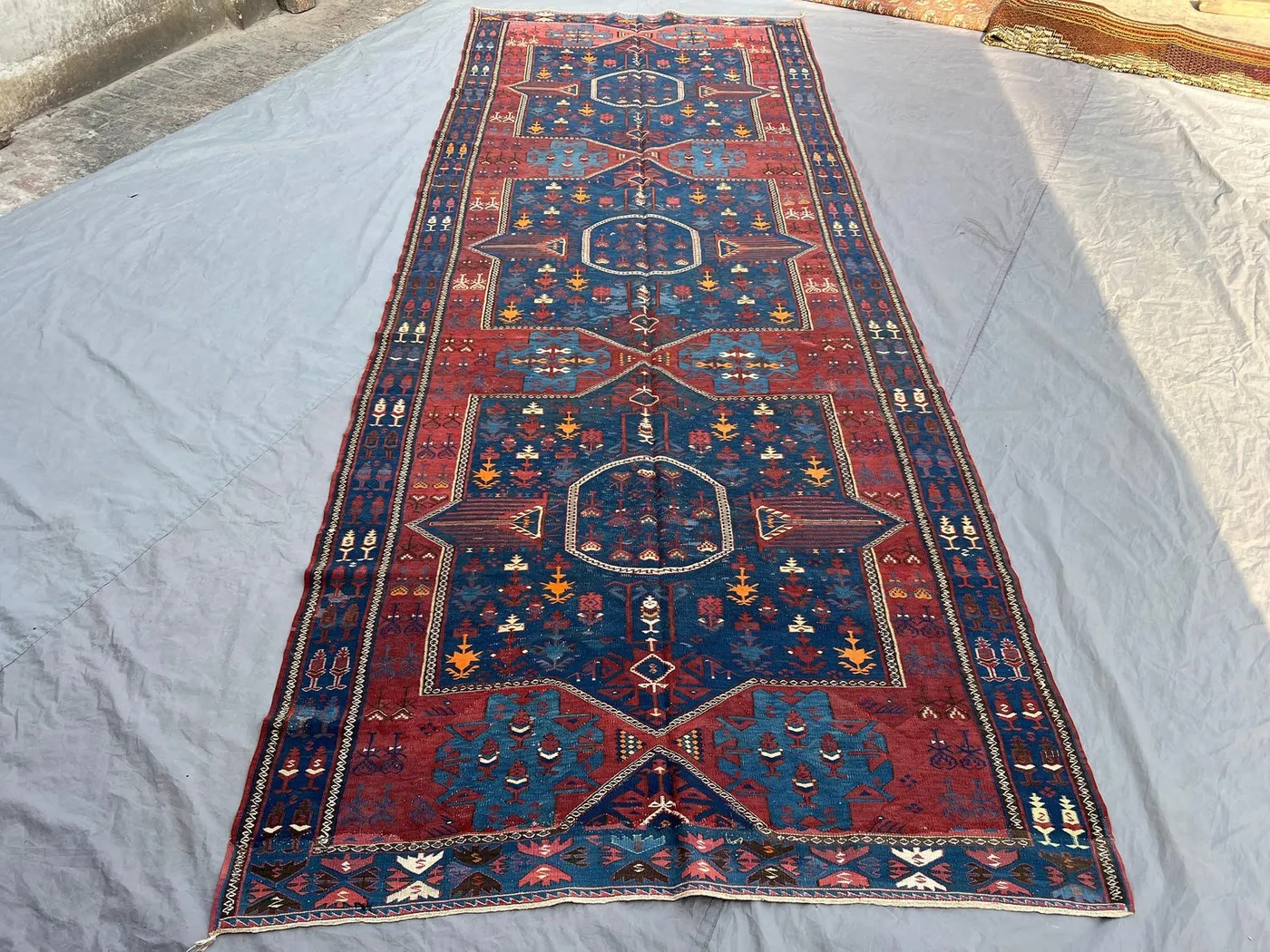 13'3 x 5'1 Caucasian-Design Kilim Runner | Vintage Afghan Handwoven Flatweave | Red Indigo Hooked Medallion Wide Hallway Rug