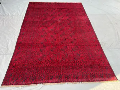Vintage Afghan Bukhara Rug 7x10, Hand Knotted Red Wool Area Rug, Turkmen Tribal Geometric Carpet, Boho Nomadic