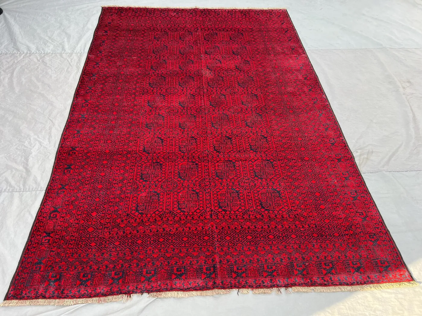Vintage Afghan Bukhara Rug 7x10, Hand Knotted Red Wool Area Rug, Turkmen Tribal Geometric Carpet, Boho Nomadic Living Room Bedroom Rug