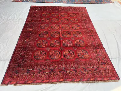 Vintage Afghan Bukhara Rug 7x9, Hand Knotted Red Wool Area Rug, Turkmen Tribal Geometric Carpet, Boho Nomadic 