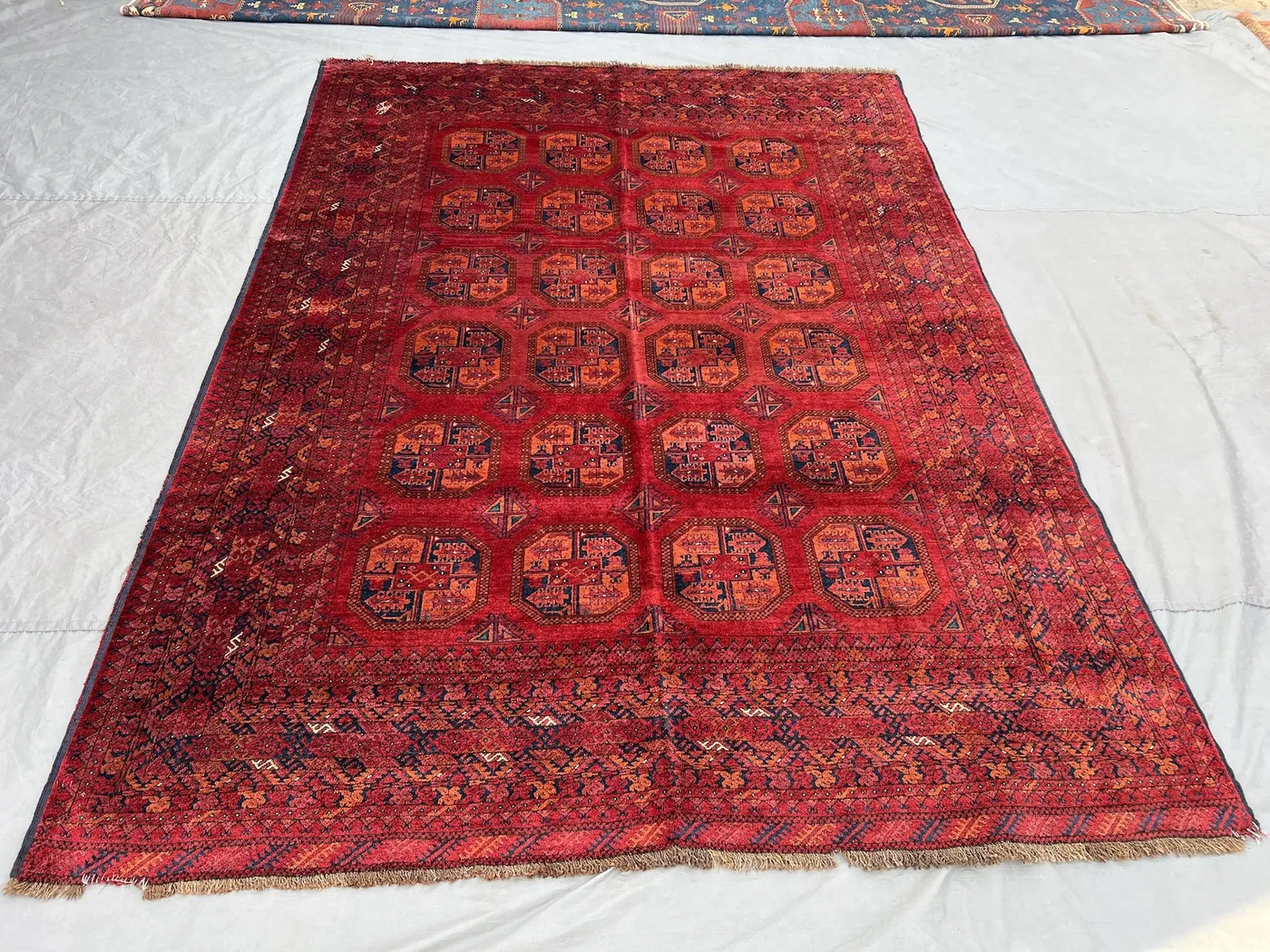 Vintage Afghan Bukhara Rug 7x9, Hand Knotted Red Wool Area Rug, Turkmen Tribal Geometric Carpet, Boho Nomadic Living Room Bedroom Rug