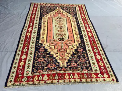 6'3 x 9'3 Ft Navy Blue Vintage Turkish Inspired Prayer Kilim Flatweave | Floral Mihrab Medallion Area Rug Livi