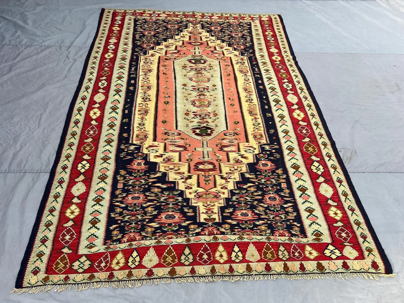6'3 x 9'3 Ft Navy Blue Vintage Turkish Inspired Prayer Kilim Flatweave | Floral Mihrab Medallion Area Rug Living Room Prayer Area