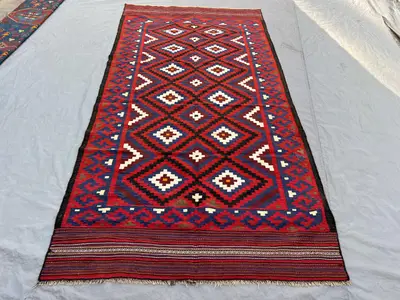 Red 5'2 x 10'0 ft Vintage Afghan Handnotted  Kilim Flatweave, Geometric Diamond & Tribal Design, Long Runner R