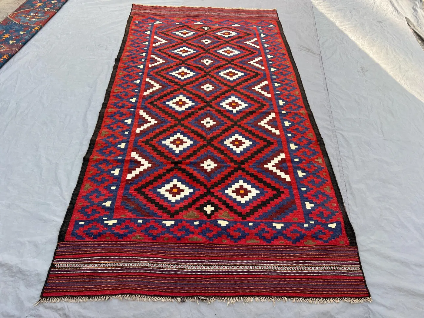 Red 5'2 x 10'0 ft Vintage Afghan Handnotted Kilim Flatweave, Geometric Diamond & Tribal Design, Long Runner Rug, Hallway, Living Room Decor