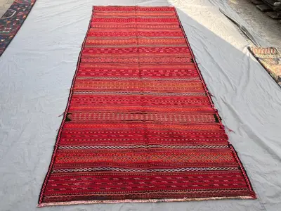 5'3"x11'8 Ft Vintage Afghan Baluchi Kilim Flat Weave Runner Rug, Soft Pile, Tribal Wool, Geometric Design, Uni