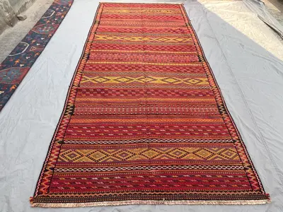 6 x 12'8 Vintage Afghan Baluch Kilim | Handwoven Flatweave Runner-Width Rug | Banded Red & Gold Diamonds