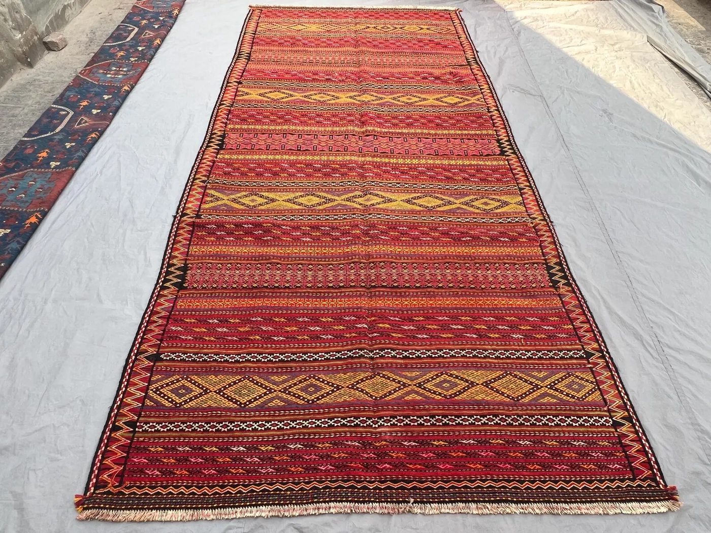 6 x 12'8 Vintage Afghan Baluch Kilim | Handwoven Flatweave Runner-Width Rug | Banded Red & Gold Diamonds