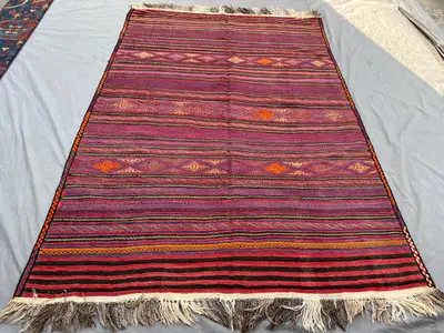 6'6"x9'7" Ft Vintage Afghan Handwoven Kilim Flat Weave Rug, Geometric Design, Tribal Wool, Unique Antique Livi