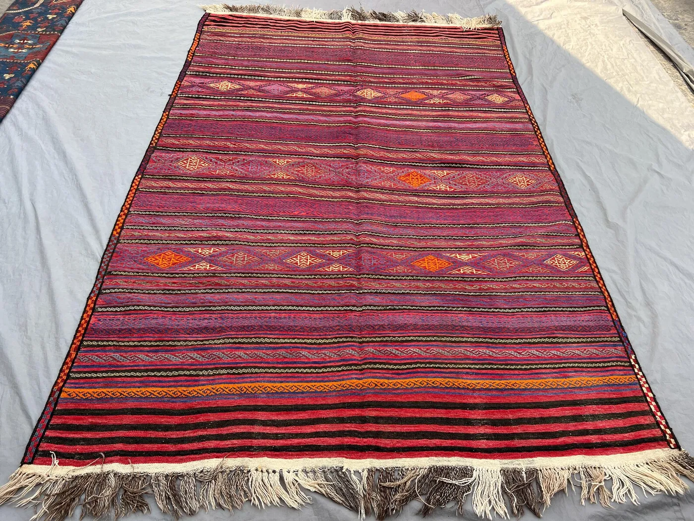 6'6"x9'7" Ft Vintage Afghan Handwoven Kilim Flat Weave Rug, Geometric Design, Tribal Wool, Unique Antique Living Room, Hallway Decor