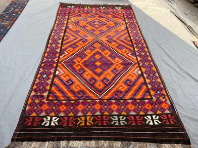 6'2x11'10 Ft Vintage Afghan Baluchi Handwoven Kilim Flat Weave Rug, Geometric Design, Tribal Wool, Unique Anti