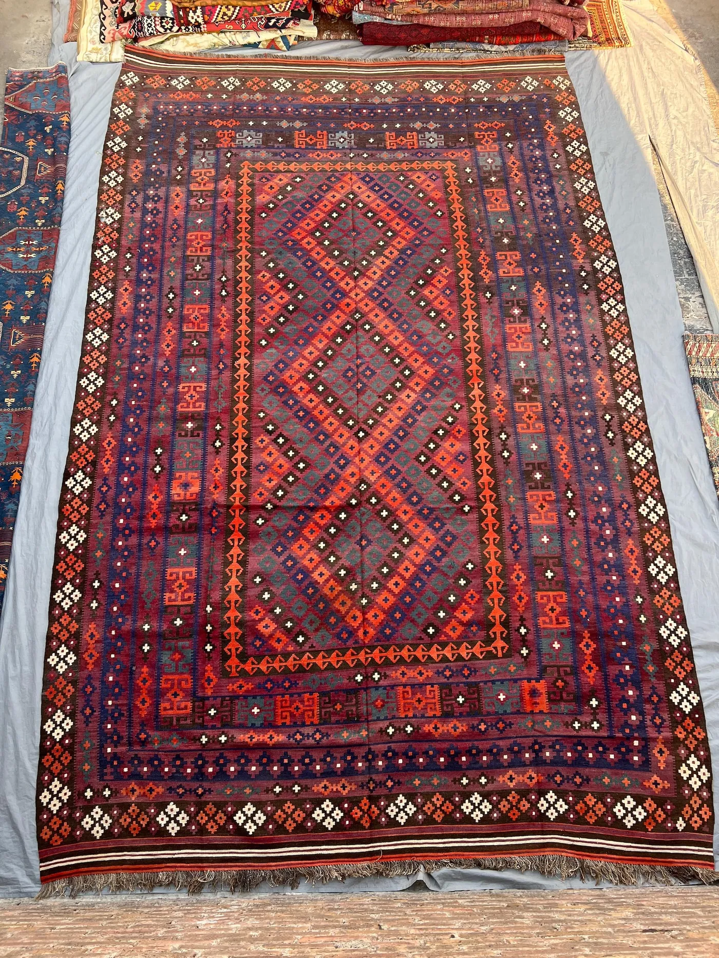 10x16 Afghan Maimana Kilim | Oversized Vintage Handwoven Wool Flatweave | Terracotta Diamond Medallion Tribal Rug