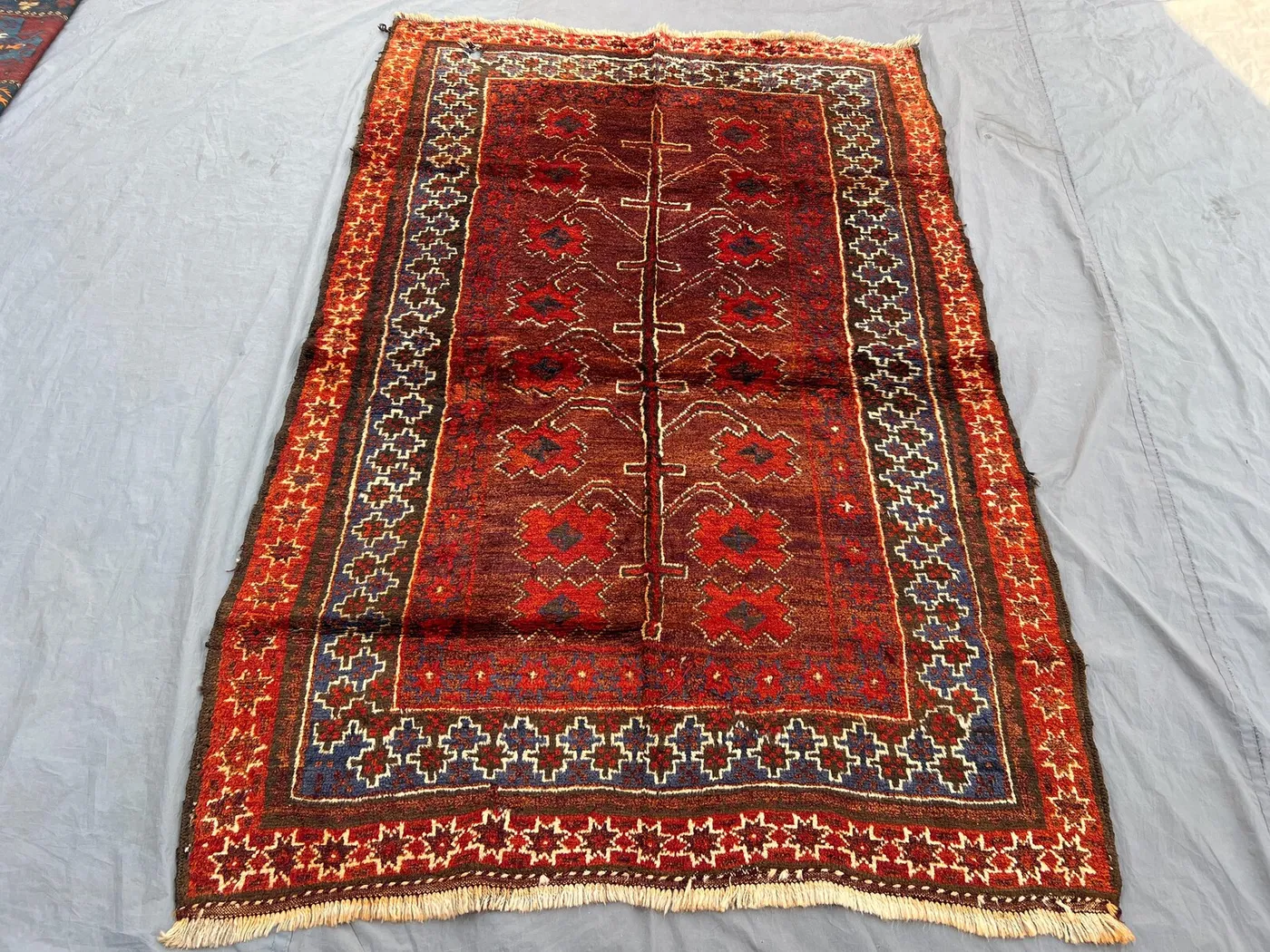 Vintage Afghan Bukhara Rug 5x7, Hand Knotted Red Wool Area Rug, Tribal Geometric Carpet, Boho Nomadic Living Room Bedroom Rug Handmade