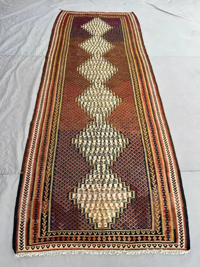 3'10 x 9'10 Ft Antique Afghan Handwoven Kilim Rust Brown Diamond Medallion Flat Weave Runner Rug Hallway Kitch