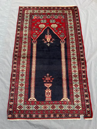 Vintage Afghan Prayer Rug 3x5, Hand Knotted Wool Mihrab Rug, Traditional Floral Islamic Decor, Small Red Boho 