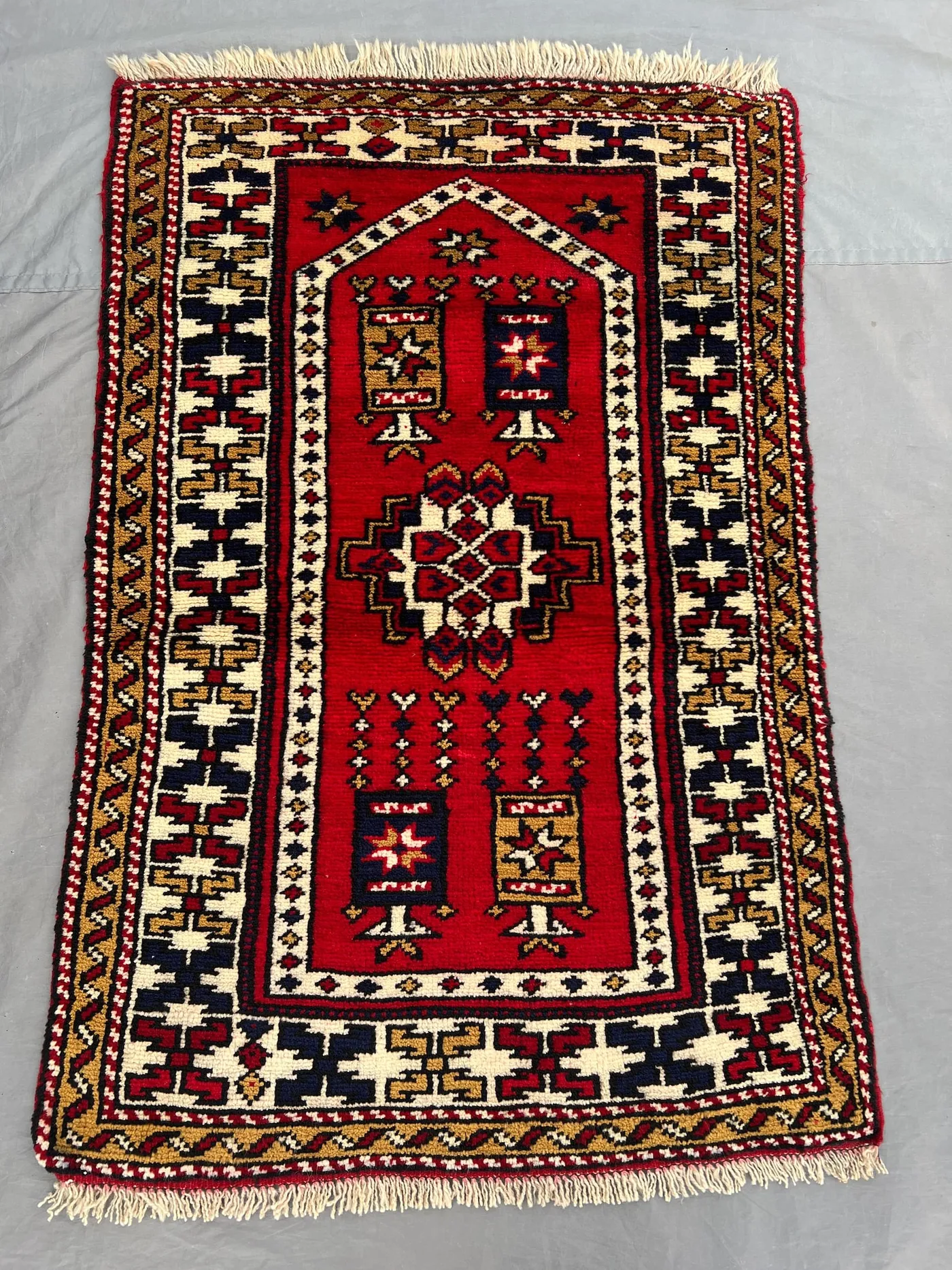 Vintage Afghan Baluchi Prayer Rug 3x4, Hand Knotted Wool Mihrab Rug, Tribal Floral Islamic Decor, Small Red Green Boho Area Rug Handmade