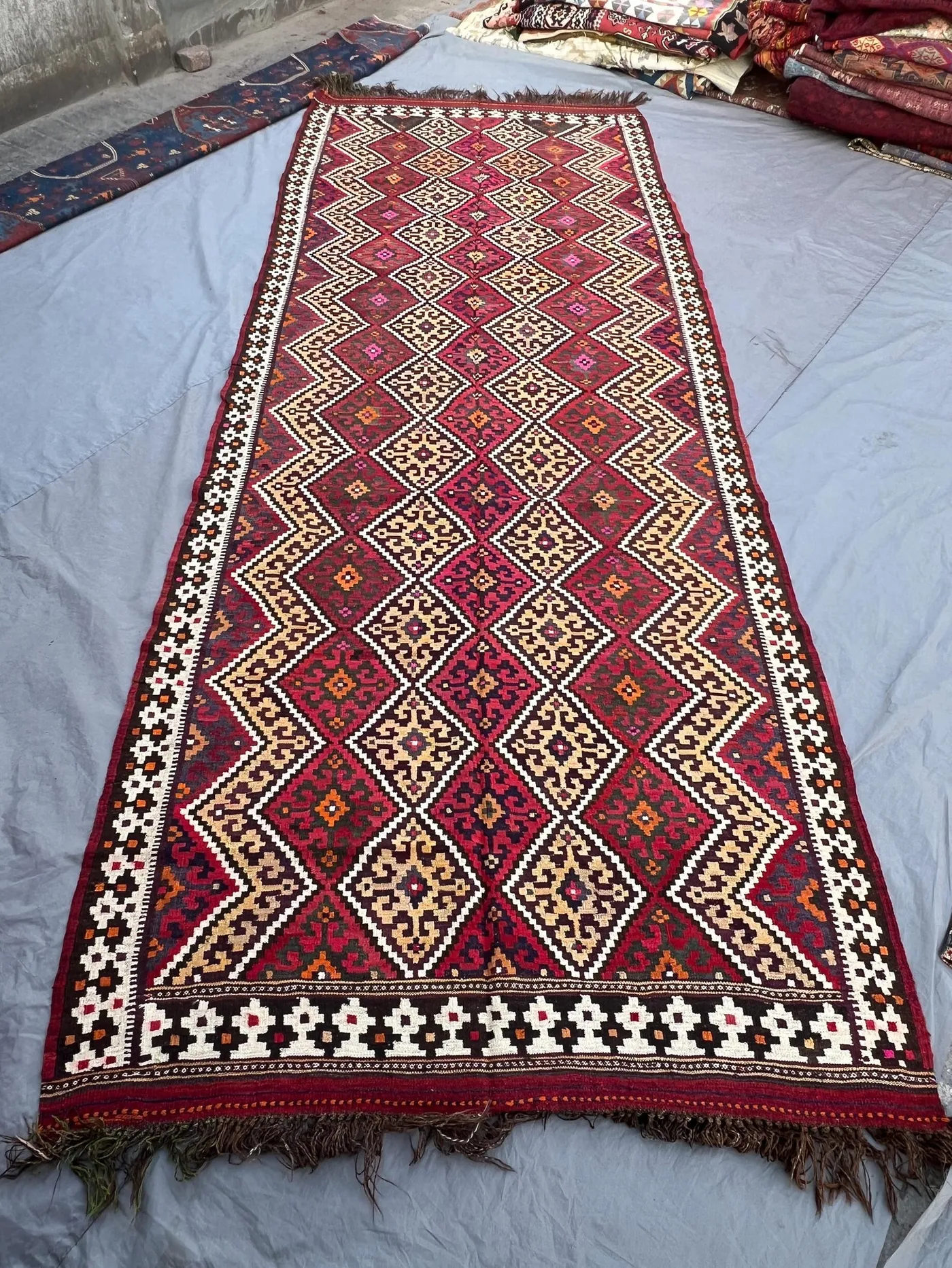 Red 5'4 x 13'8 ft Vintage Afghan Kilim Flatweave Runner, Geometric Diamond & Tribal Design, Hallway, Runway Long Area Runner Rug