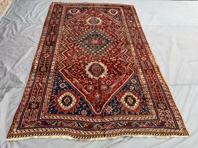 Vintage Afghan Area Rug 5x10, Hand Knotted Wool Tribal Floral Rug, Red Blue Soft Pile Carpet, Boho Nomadic Liv