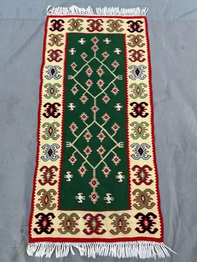 2'2x4'6 Ft Vintage Afghan Handwoven Turkish Inspired Kilim Flat Weave Runner Green Diamond Tribal Geometric Ru