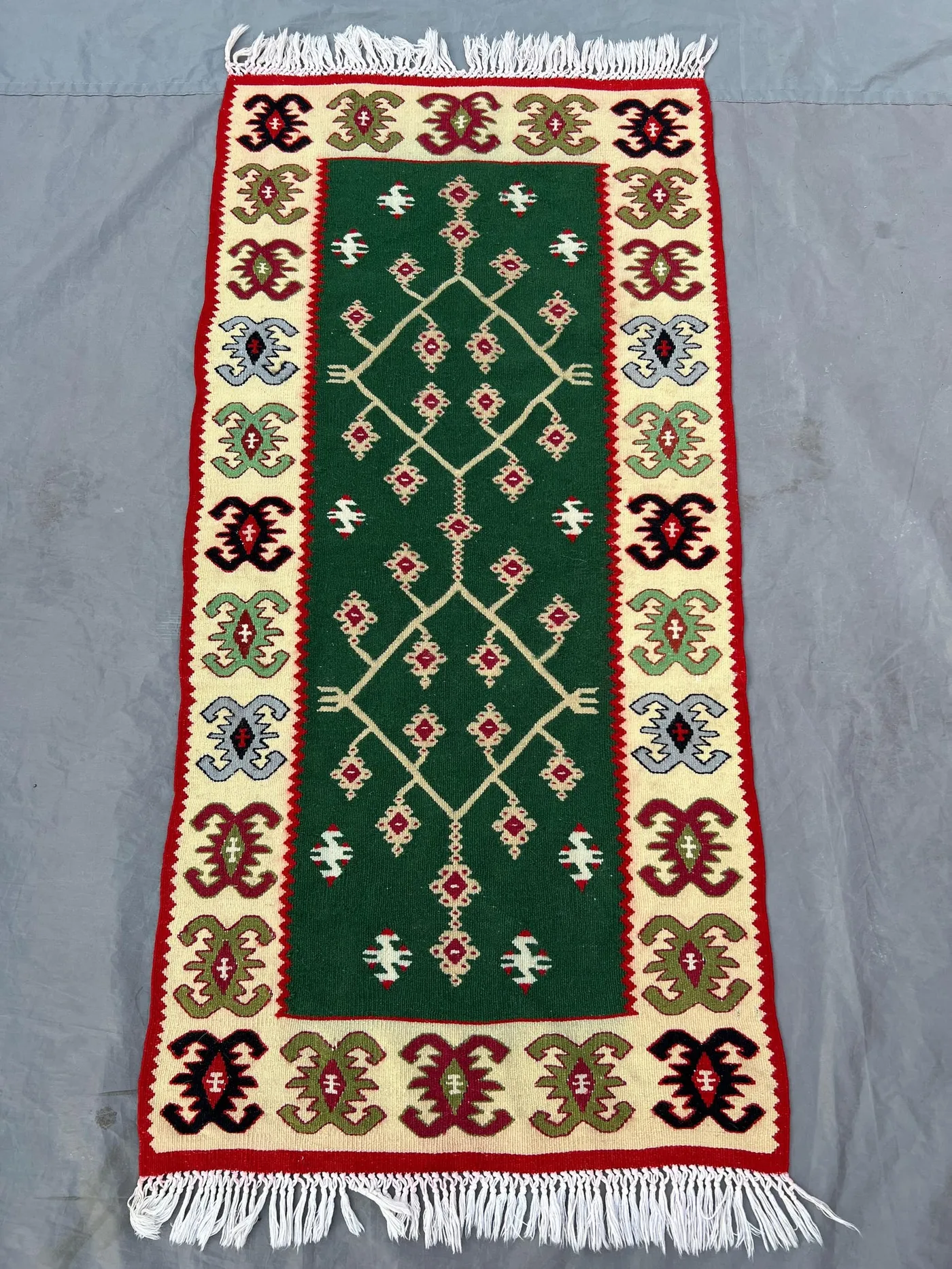 2'2x4'6 Ft Vintage Afghan Handwoven Turkish Inspired Kilim Flat Weave Runner Green Diamond Tribal Geometric Rug Hallway Entryway