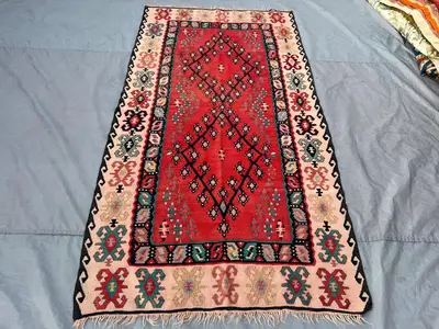 4'3 x 8'1 ft Antique Afghan Kilim Flat Weave Rug, Tribal Geometric Design, Wool, Vintage Area Rug for Living R