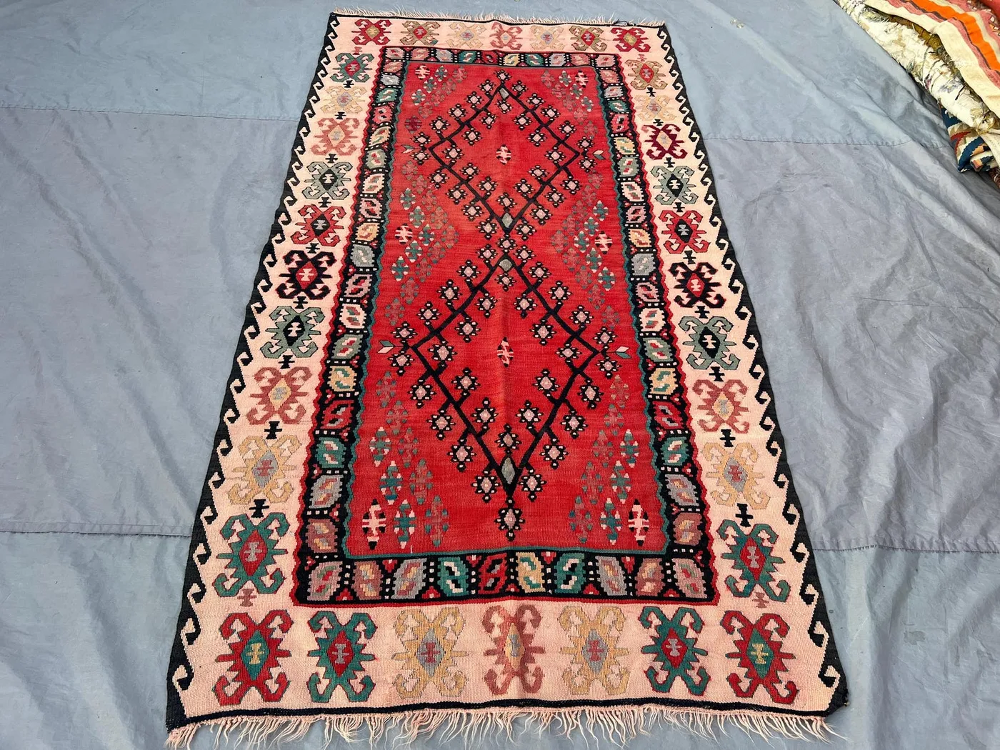 4'3 x 8'1 ft Antique Afghan Kilim Flat Weave Rug, Tribal Geometric Design, Wool, Vintage Area Rug for Living Room, Bedroom, Boho Decor