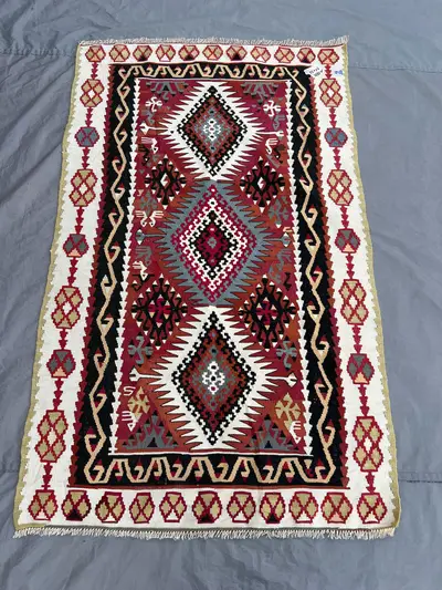 3'5 x 5'6 ft Vintage Afghan Handwoven Kilim Flat Weave Rug, Geometric Design, Living Room or Bedroom Rug, Trib