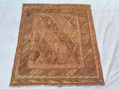 Terracotta 4x4'2 Ft Vintage Afghan Baluchi Handnotted Rug, Soft Pile Geometric Tribal Design, Wool Rug for Liv