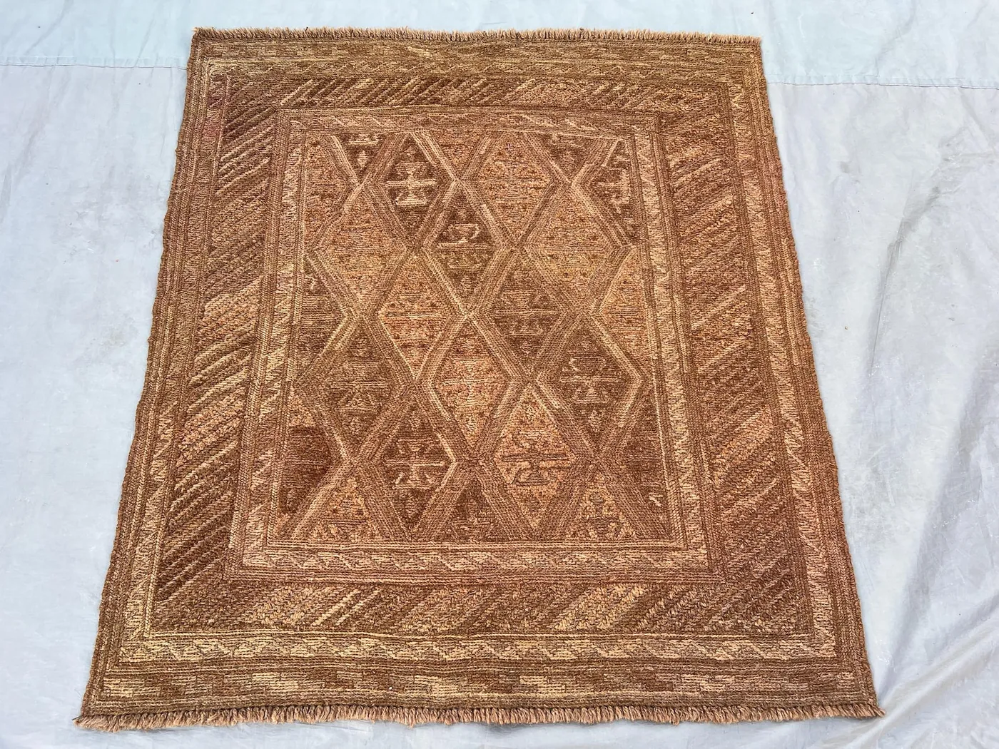 Terracotta 4x4'2 Ft Vintage Afghan Baluchi Handnotted Rug, Soft Pile Geometric Tribal Design, Wool Rug for Living Room, Bedroom