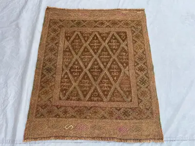 Terracotta 3'4x4 Ft Vintage Afghan Baluchi Handnotted Rug, Soft Pile Tribal Geomatric Design, Wool Rug for Liv