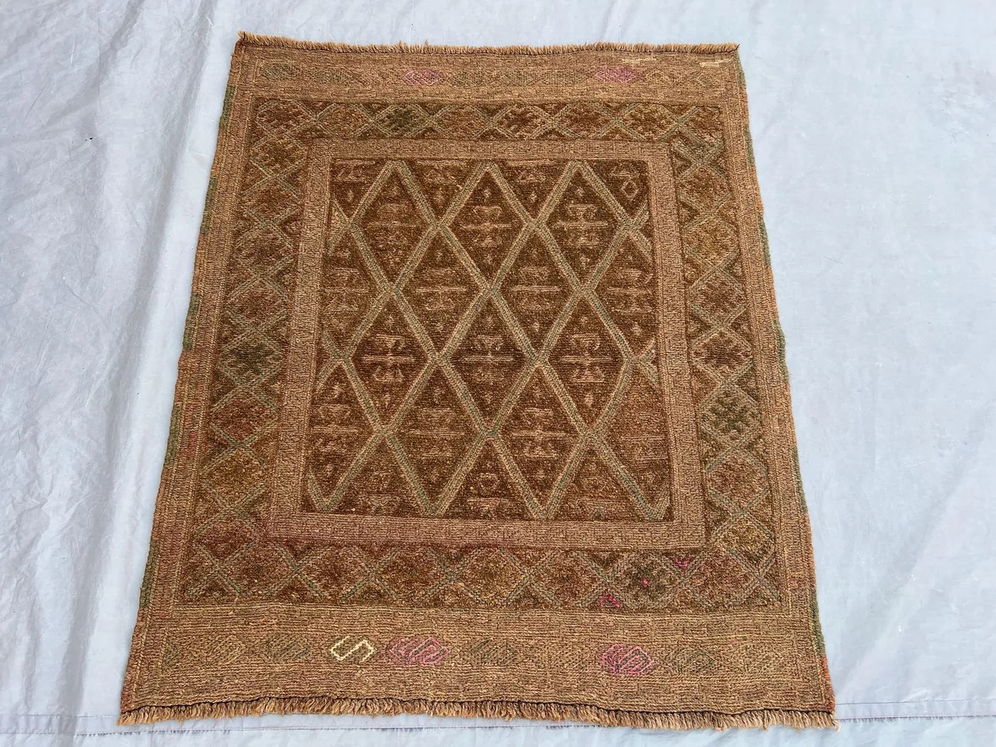 Terracotta 3'4x4 Ft Vintage Afghan Baluchi Handnotted Rug, Soft Pile Tribal Geomatric Design, Wool Rug for Living Room, Bedroom, Entryway